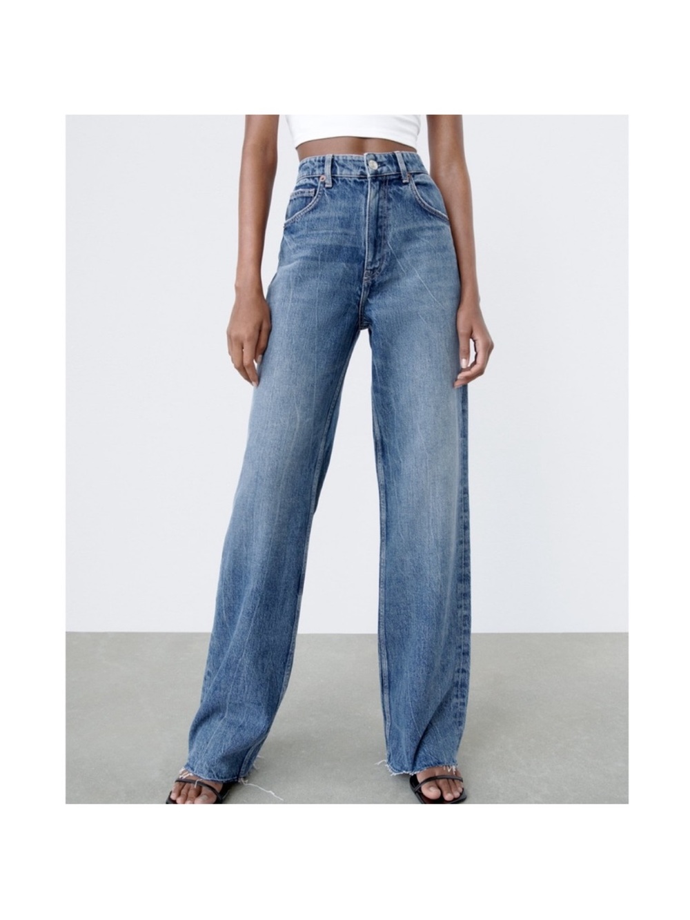 zara premium 90s wide leg high rise baggy jeans pants trousers blue distressed